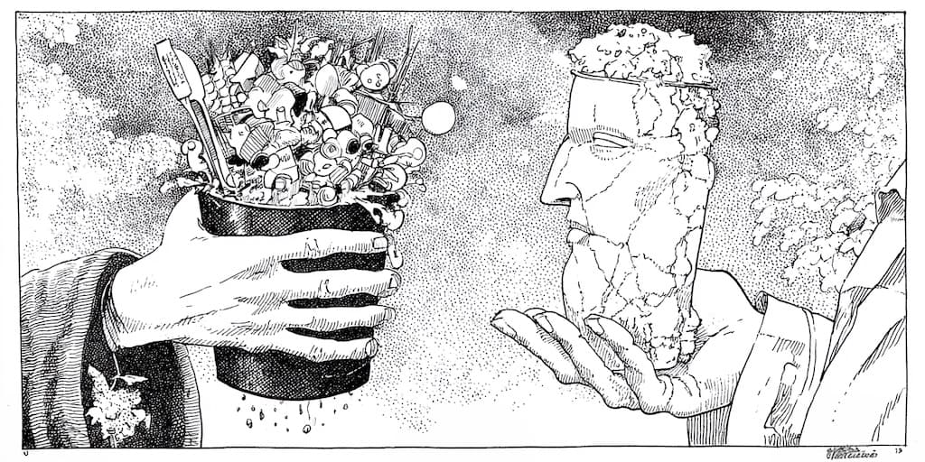 A wide ink illustration — a small child squats next to an old metal trashcan on the left, looking across a softly-shadowed floor at a classical sculpted bust on a stone pedestal on the right; a volcano sits on the horizon in the dark sky behind them.