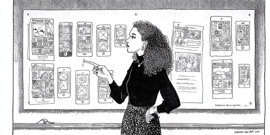 A hand-drawn ink illustration of a young woman in a black turtleneck and patterned skirt presenting at a wall covered with phone mockups, wireframes, and design comps; one hand raised toward the work as she walks the audience through it.