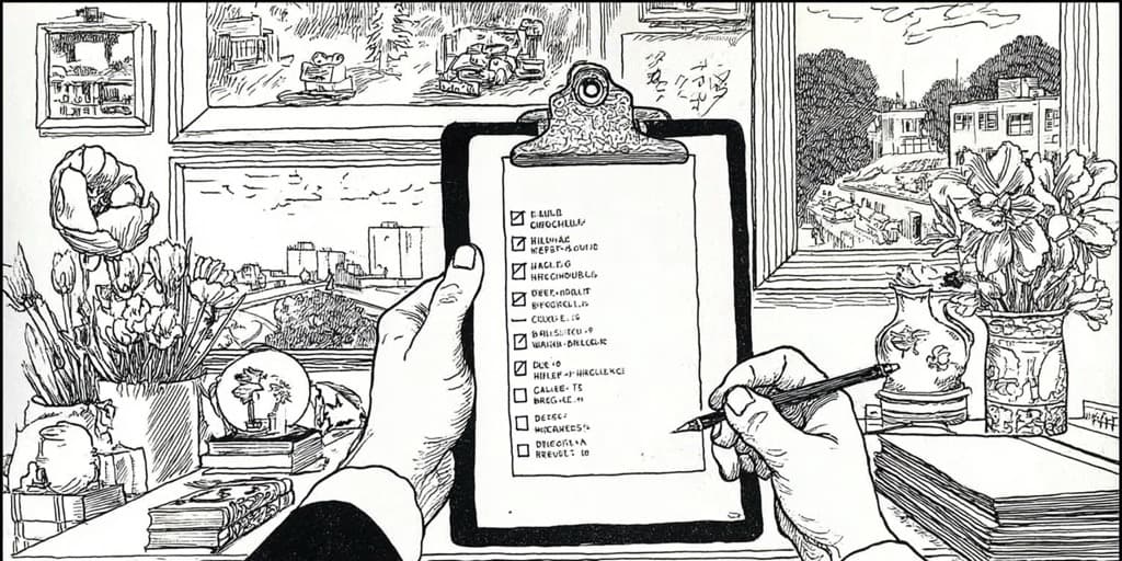 A hand-drawn ink illustration of two hands at a sunlit windowsill — one holding a clipboard with a checklist of items, the other writing with a pencil — flowers and a small terrarium on the desk, a city visible through the window.