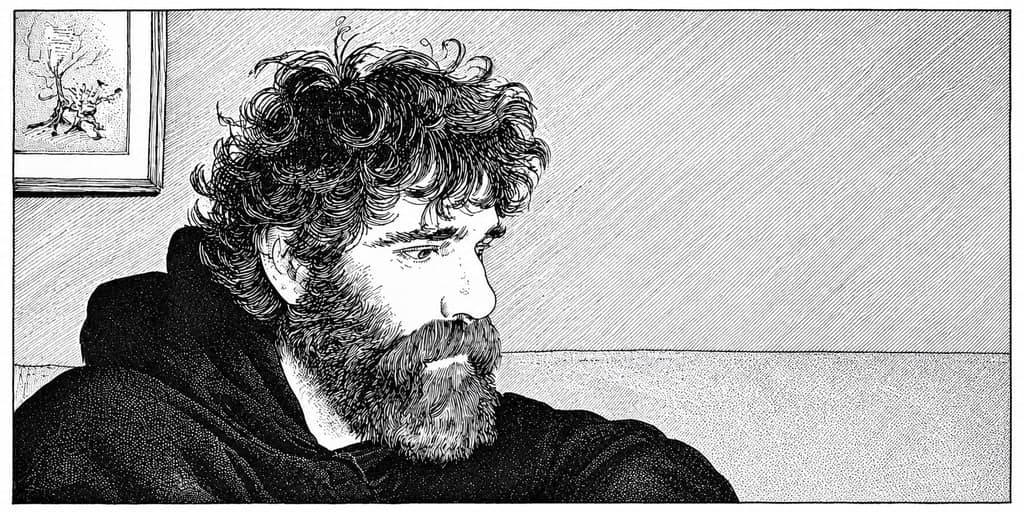 A wide ink illustration — a bearded young man in a hoodie leans over a laptop with focused intensity, while a thought bubble filled with dozens of tiny sketched ideas, tools, and doodles expands to his right; a small framed drawing hangs on the wall behind him.
