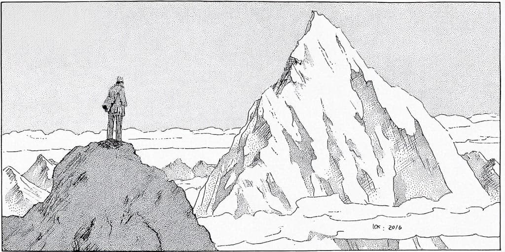 A hand-drawn ink illustration of a small figure on a rocky peak looking out at a much larger mountain ahead.